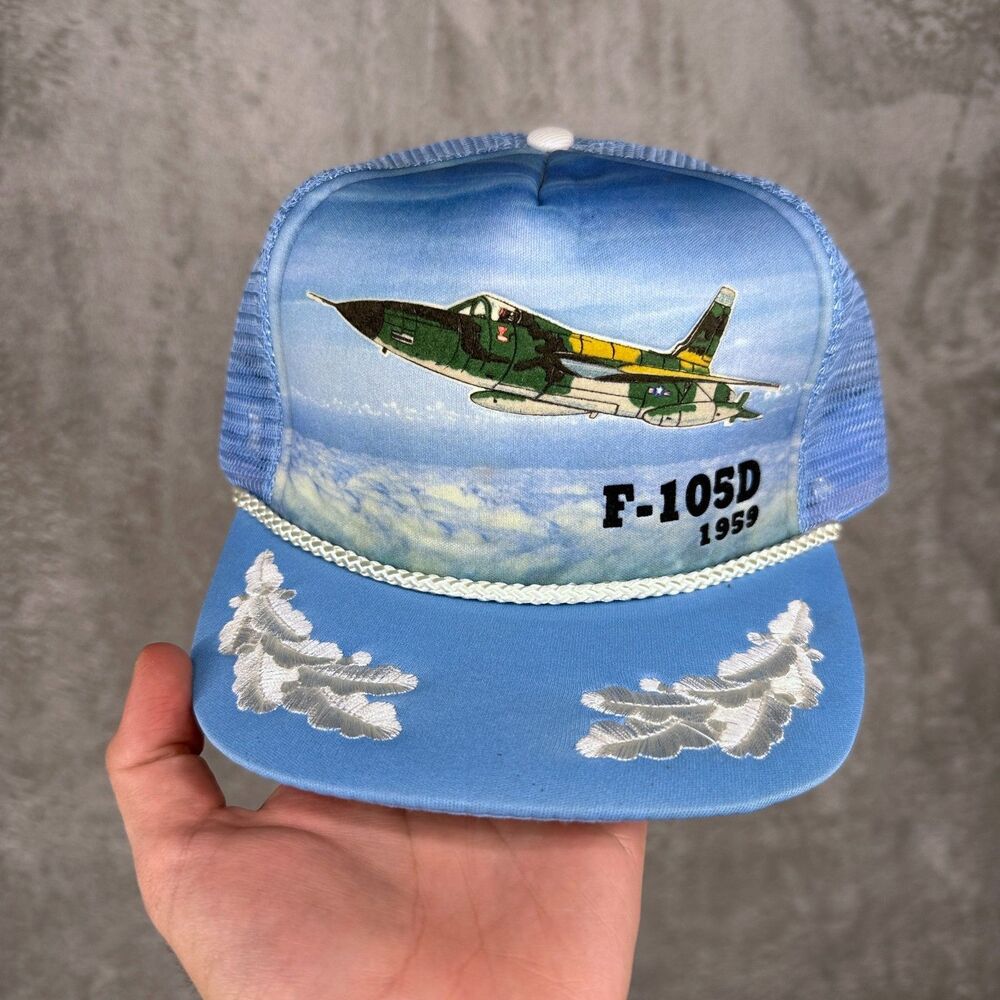 Vintage 90s Fighter Jet Trucker Hat Snapback Scrambled Eggs f-105D 1959 San Sun